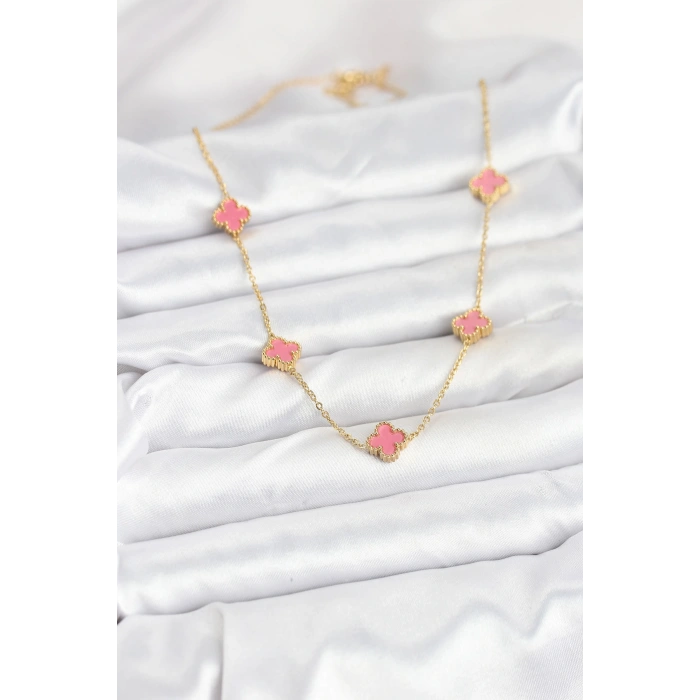 Erb 316L Çelik Zincir Gold Renk Pembe Baby Boy Yonca Kadın Kolye