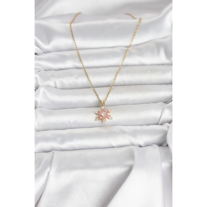 Erb 316L Çelik Zincir Gold Renk Pembe Lotus Model Kadın Kolye