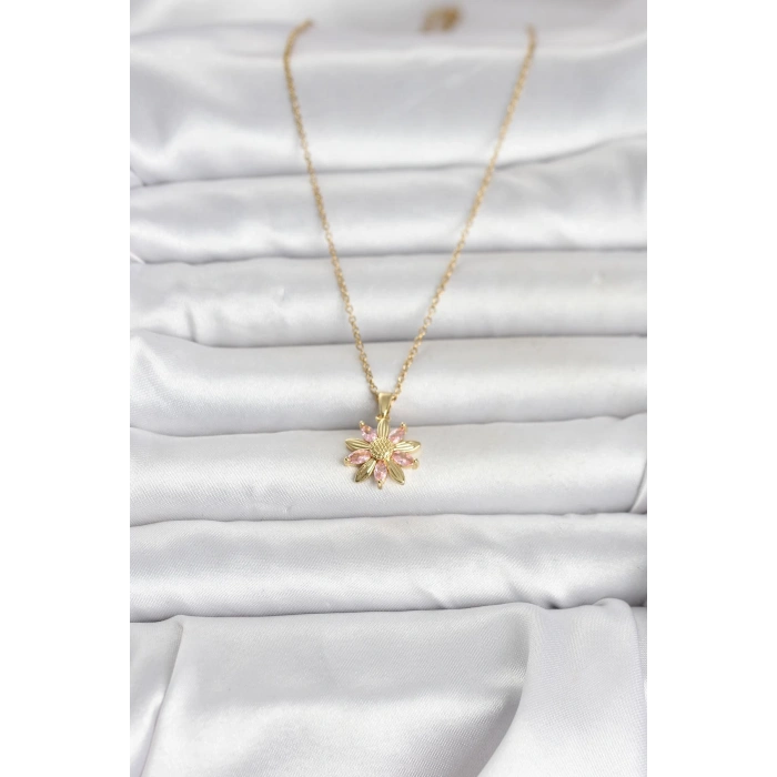 Erb 316L Çelik Zincir Gold Renk Pembe Papatya Model Kadın Kolye
