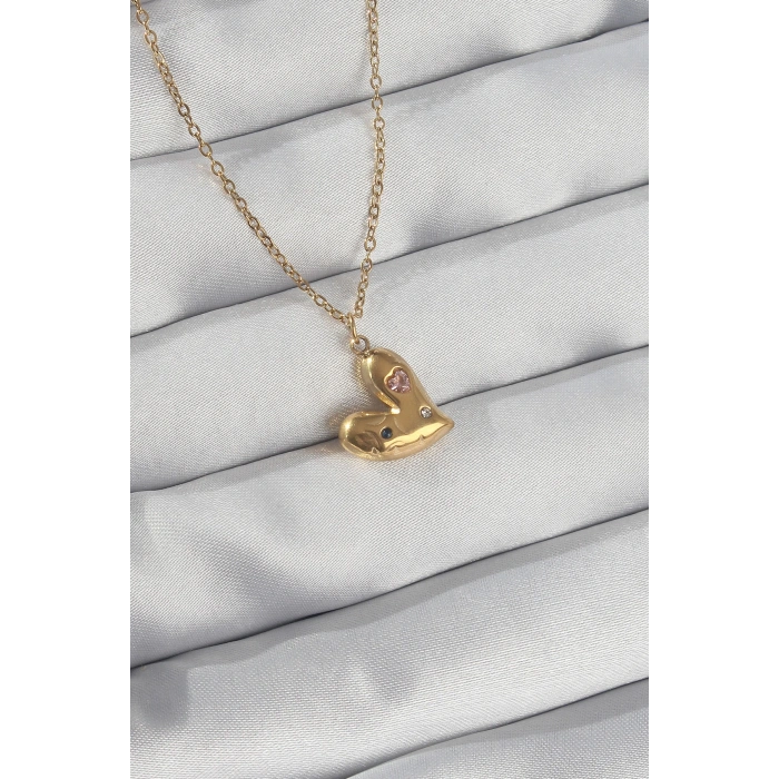 Erb 316L Çelik Zincir Gold Renk Renkli Zirkon Taşlı Kalp Kolye