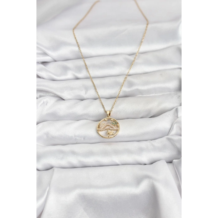 Erb 316L Çelik Zincir Gold Renk Şans Kolyesi Model Zirkon Taşlı Kadın Kolye