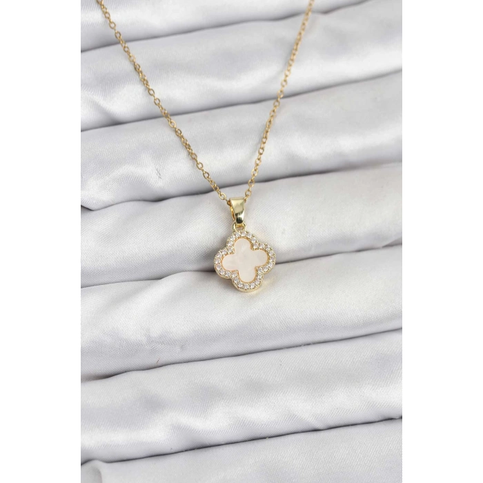 Erb 316L Çelik Zincir Gold Renk Sedefli Yonca Kadın Kolye