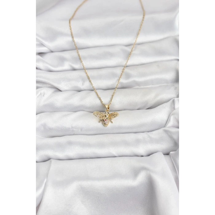 Erb 316L Çelik Zincir Gold Renk Sinek Model Zirkon Taşlı Kadın Kolye