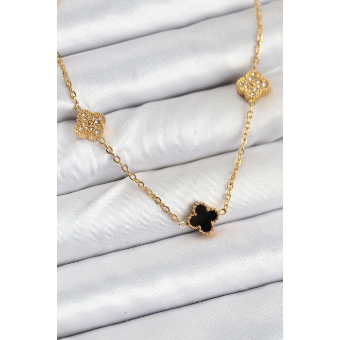 Erb 316L Çelik Zincir Gold Renk Siyah Ve Zirkon Taşlı Baby Boy Yonca Kadın Kolye