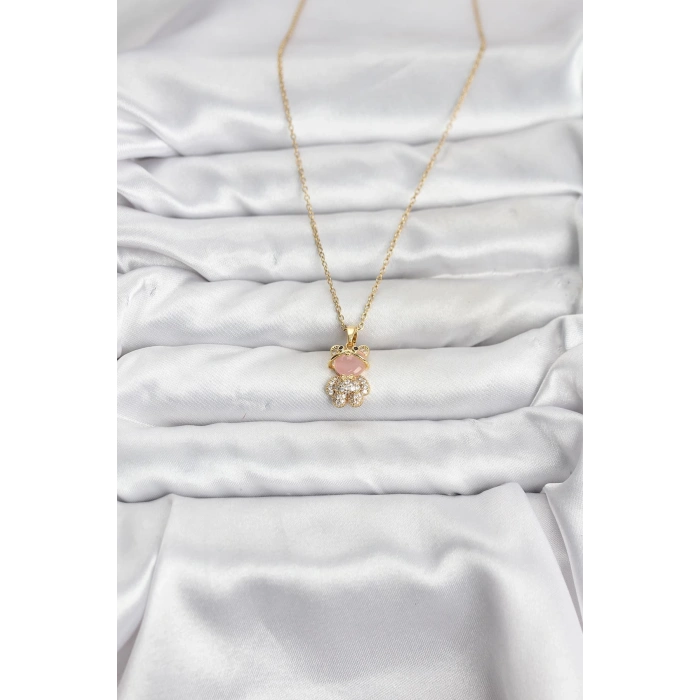 Erb 316L Çelik Zincir Gold Renk Teddy Bear Model Zirkon Taşlı Kadın Kolye