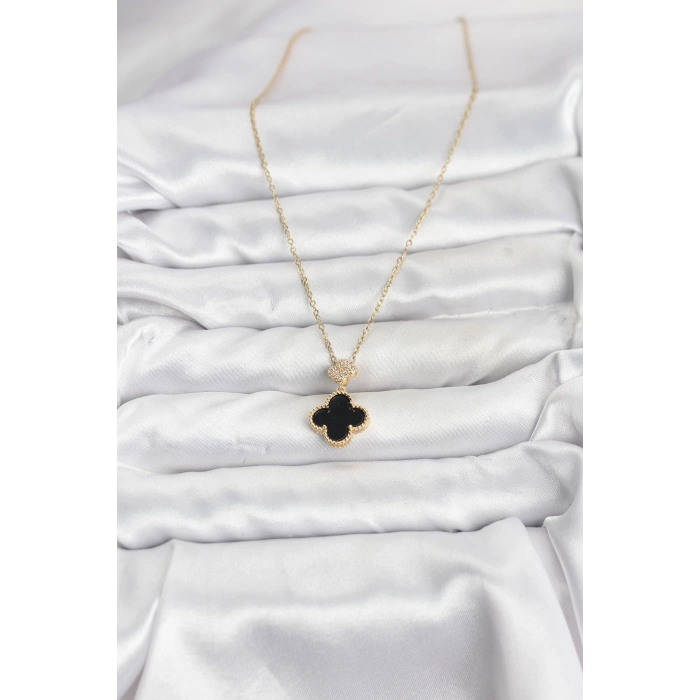 Erb 316L Çelik Zincir Gold Renk Yonca Model Zirkon Taşlı Kadın Kolye