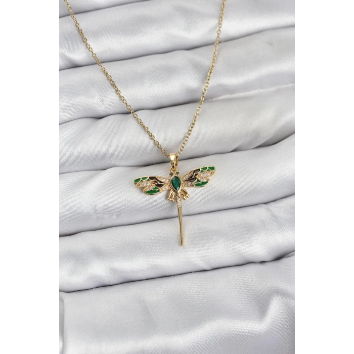 Erb 316L Çelik Zincir Gold Renk Yusufçuk Model Zirkon Taşlı Kadın Kolye