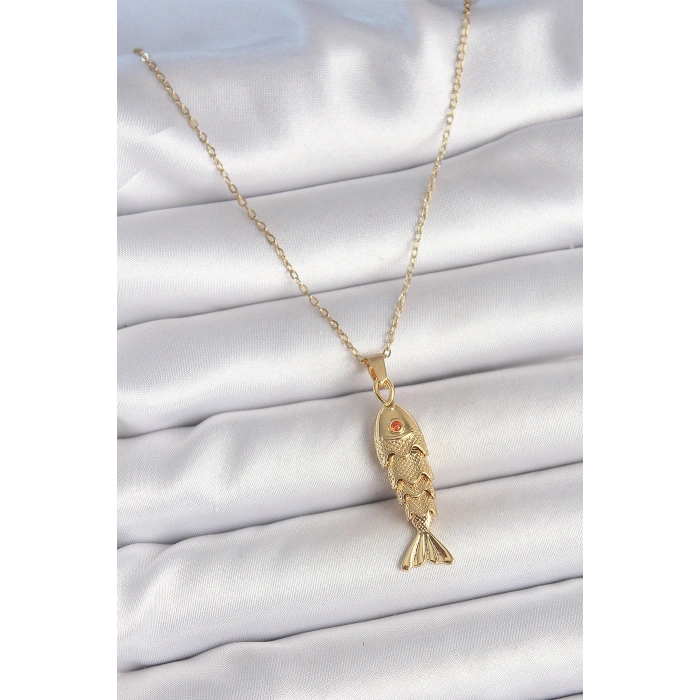 Erb 316L Çelik Zincir Gold Renk Zirkon Taşlı Balık Figürlü Kolye