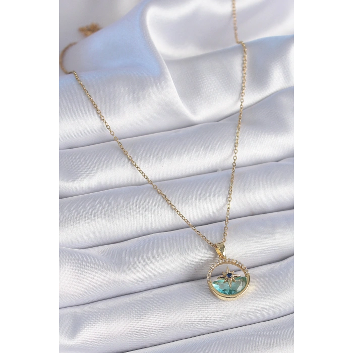 Erb 316L Çelik Zincir Gold Renk Zirkon Taşlı Deniz Görünüm Kutup Yıldız Model Kadın Kolye