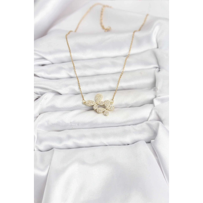 Erb 316L Çelik Zincir Gold Renk Zirkon Taşlı Kelebek Model Kadın Kolye