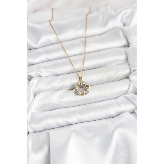 Erb 316L Çelik Zincir Gold Renk Zirkon Taşlı Sarmal Model Kadın Kolye