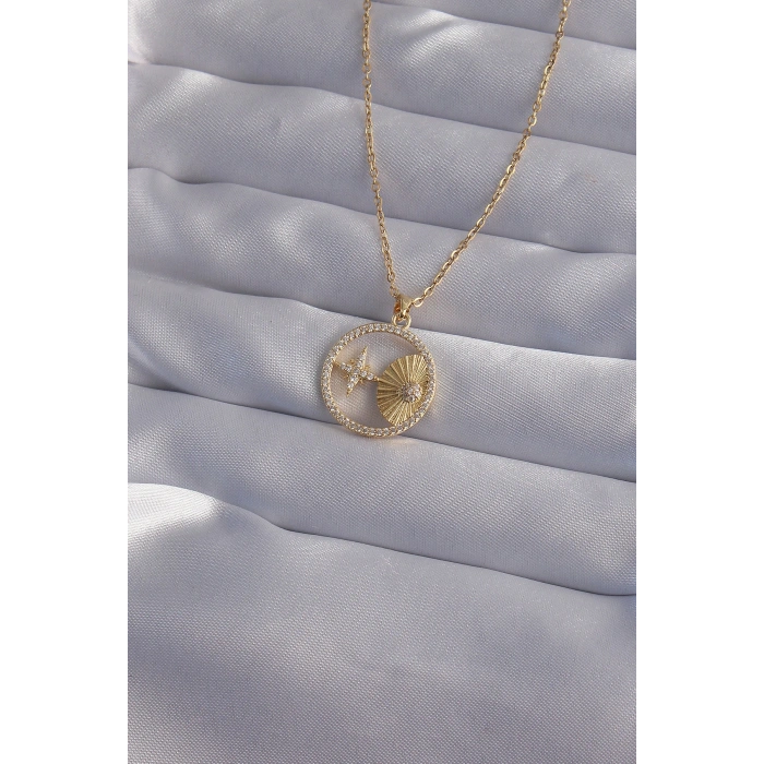 Erb 316L Çelik Zincir Gold Renk Zirkon Taşlı Yıldız Figürlü Oval Kolye