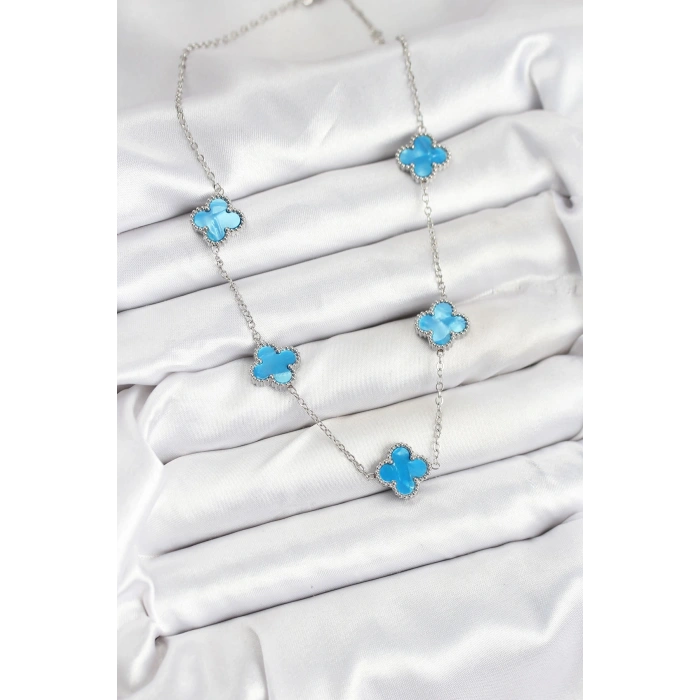 Erb 316L Çelik Zincir Gümüş Buz Mavisi Renk Yonca Kadın Kolye