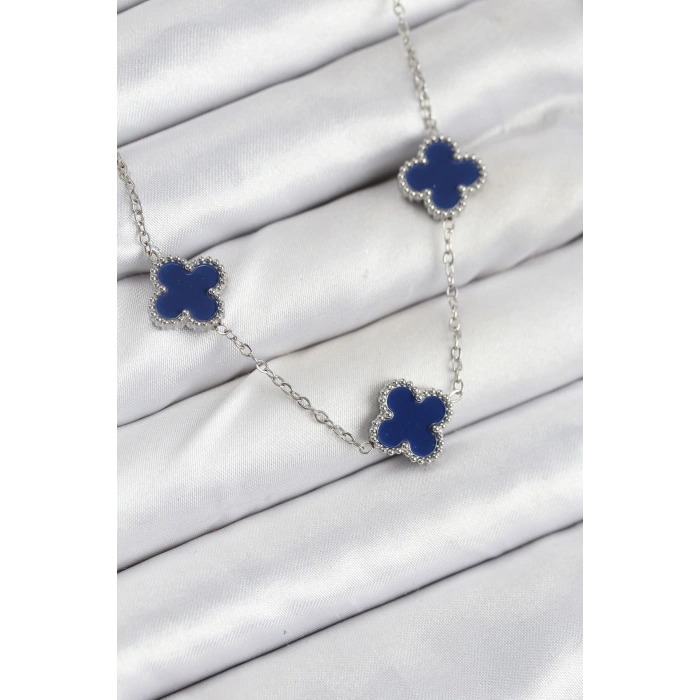 Erb 316L Çelik Zincir Gümüş Lacivert Renk Yonca Kadın Kolye