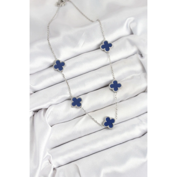 Erb 316L Çelik Zincir Gümüş Lacivert Renk Yonca Kadın Kolye