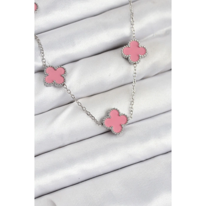 Erb 316L Çelik Zincir Gümüş Pembe Renk Yonca Kadın Kolye