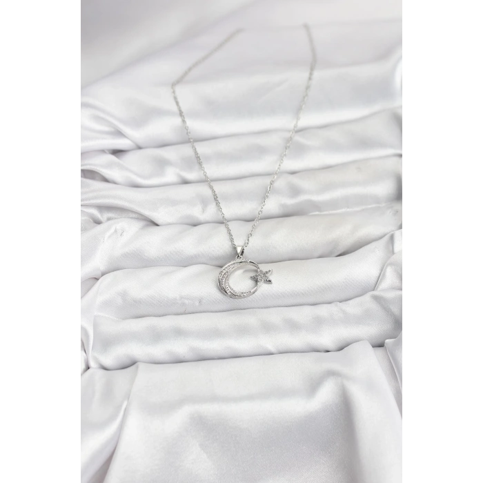 Erb 316L Çelik Zincir Gümüş Renk Ay Yıldız Model Zirkon Taşlı Kadın Kolye