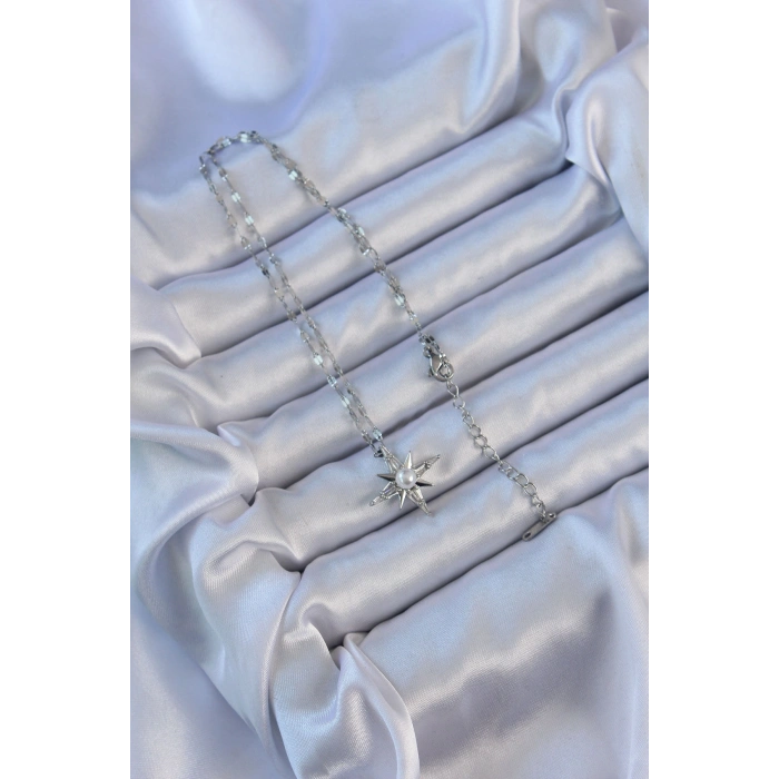 Erb 316L Çelik Zincir Gümüş Renk Baget Taşlı İnci Detay Kutup Yıldızı Kolye