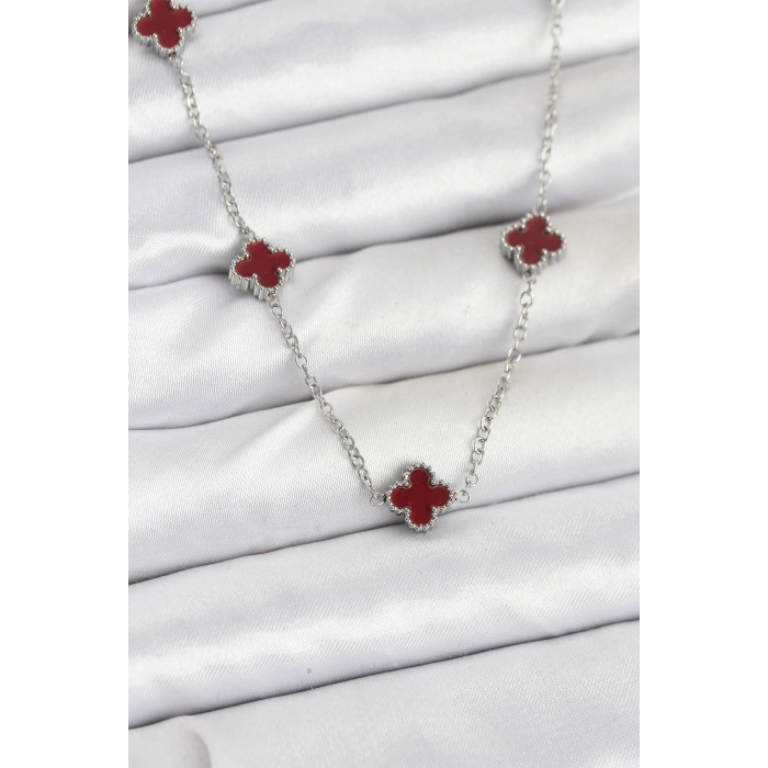 Erb 316L Çelik Zincir Gümüş Renk Bordo Baby Boy Yonca Kadın Kolye