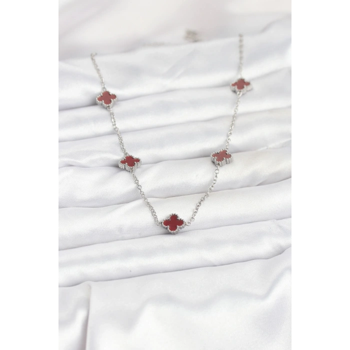 Erb 316L Çelik Zincir Gümüş Renk Bordo Baby Boy Yonca Kadın Kolye