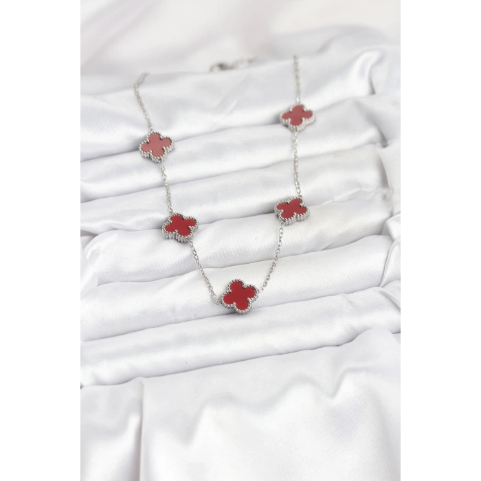 Erb 316L Çelik Zincir Gümüş Renk Bordo Renk Yonca Kadın Kolye