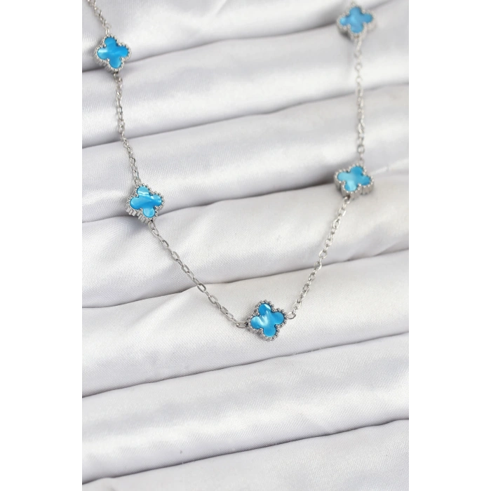 Erb 316L Çelik Zincir Gümüş Renk Buz Mavisi Baby Boy Yonca Kadın Kolye