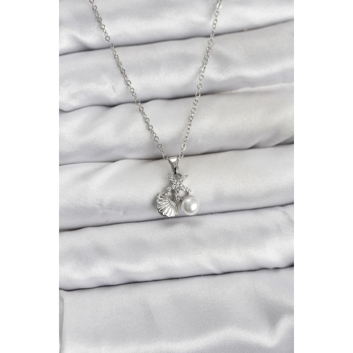 Erb 316L Çelik Zincir Gümüş Renk Deniz Kabuğu Ve Deniz Yıldızı Model Zirkon Taşlı Kadın Kolye