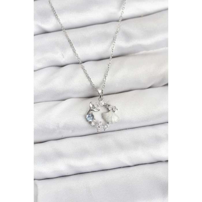 Erb 316L Çelik Zincir Gümüş Renk Deniz Tema Model Zirkon Taşlı Kadın Kolye
