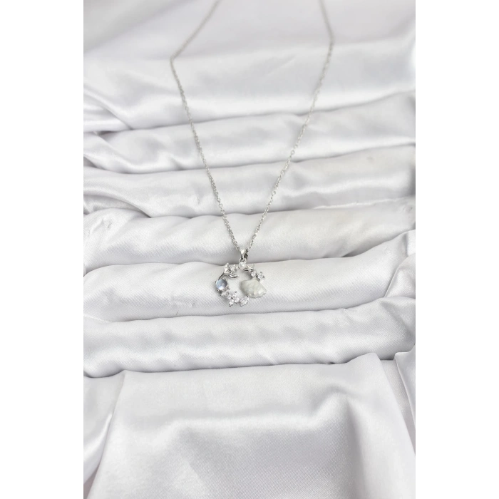 Erb 316L Çelik Zincir Gümüş Renk Deniz Tema Model Zirkon Taşlı Kadın Kolye