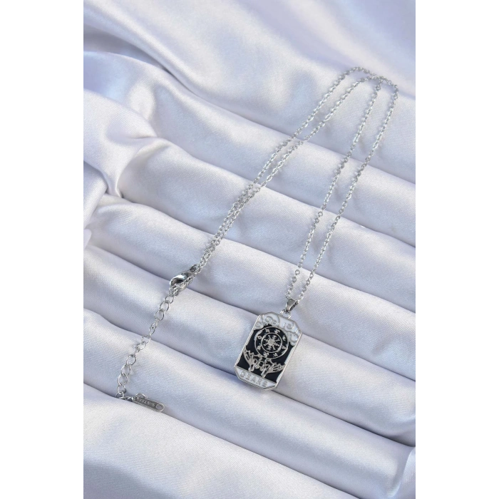 Erb 316L Çelik Zincir Gümüş Renk İşlemeli Siyah Mineli Tarot Kolye