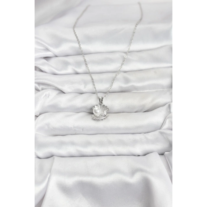 Erb 316L Çelik Zincir Gümüş Renk İstiridye İnci Model Zirkon Taşlı Kadın Kolye