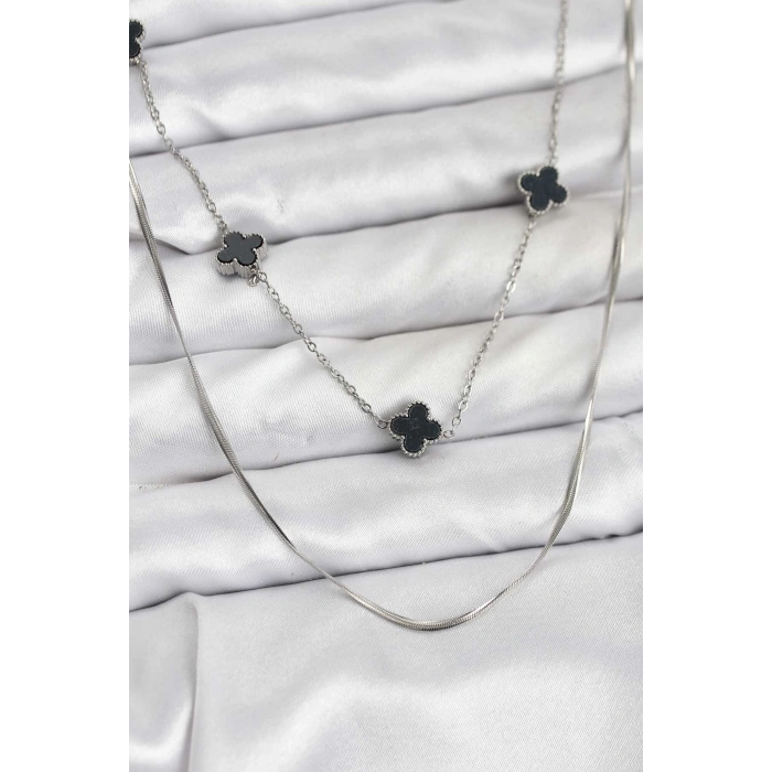 Erb 316L Çelik Zincir Gümüş Renk İtalyan Zincirli Siyah Yonca Model Kadın Kolye