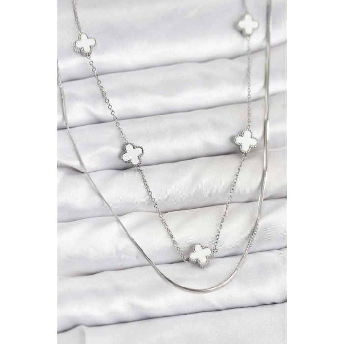 Erb 316L Çelik Zincir Gümüş Renk İtalyan Zincirli Yonca Model Kadın Kolye