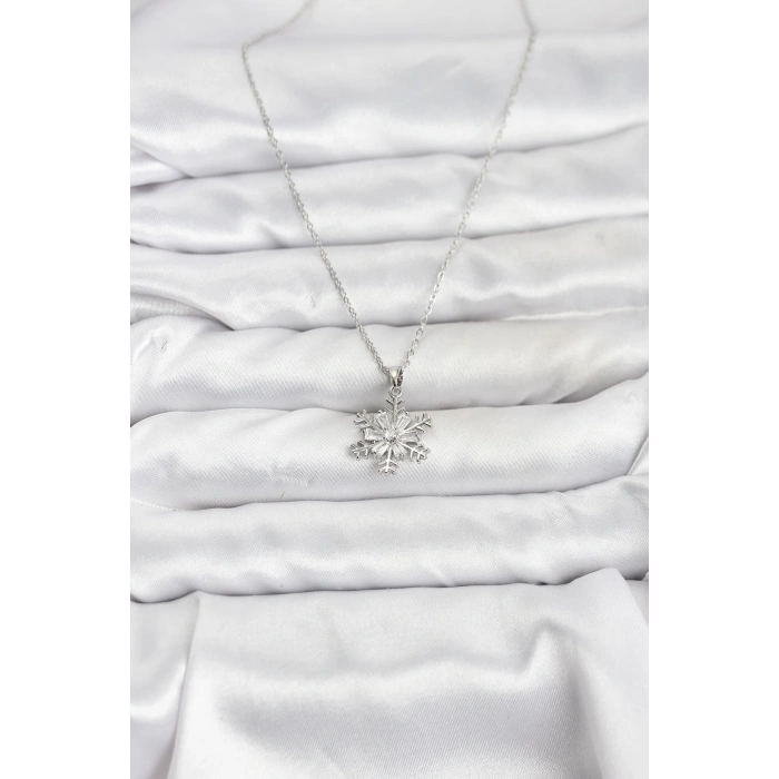 Erb 316L Çelik Zincir Gümüş Renk Kar Tanesi Model Zirkon Taşlı Kadın Kolye