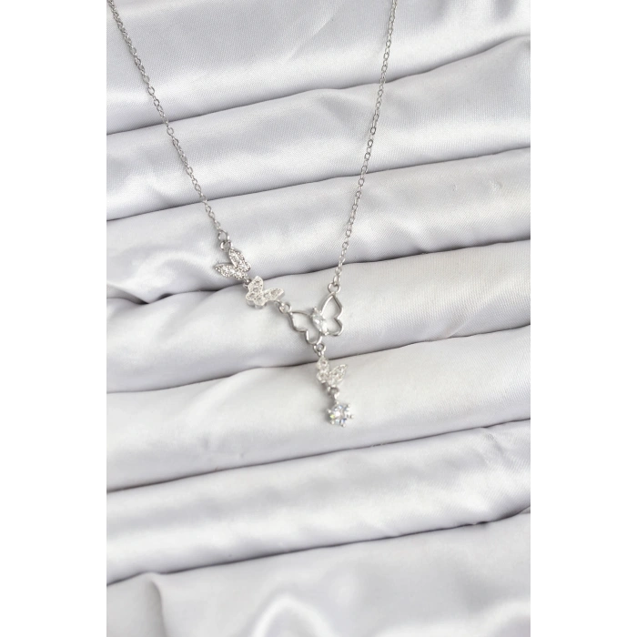 Erb 316L Çelik Zincir Gümüş Renk Kelebek Model Kadın Kolye