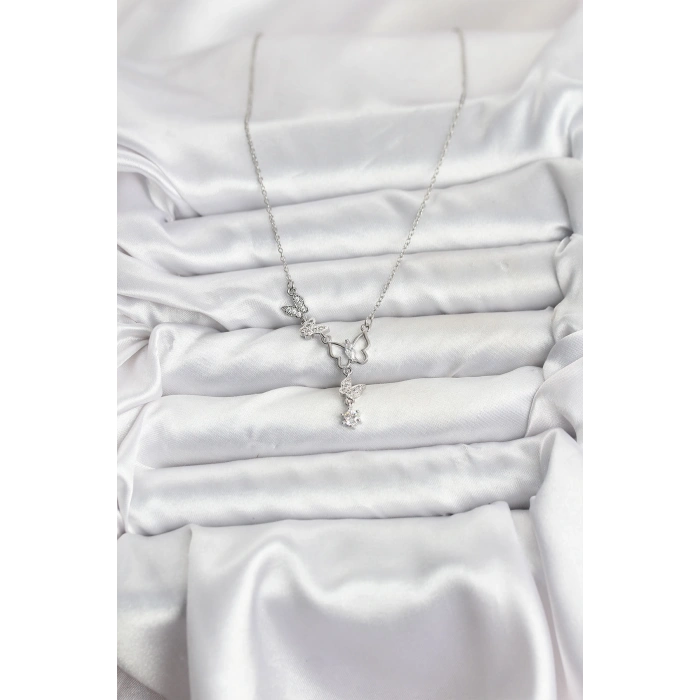 Erb 316L Çelik Zincir Gümüş Renk Kelebek Model Kadın Kolye