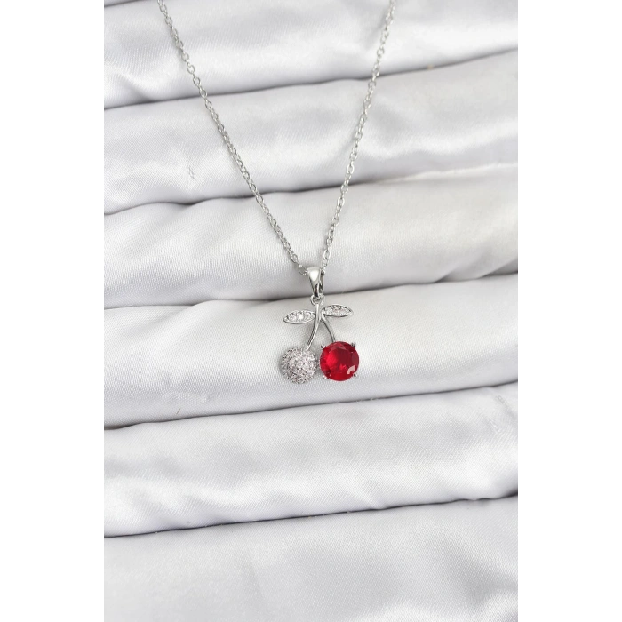 Erb 316L Çelik Zincir Gümüş Renk Kiraz Model Zirkon Taşlı Kadın Kolye
