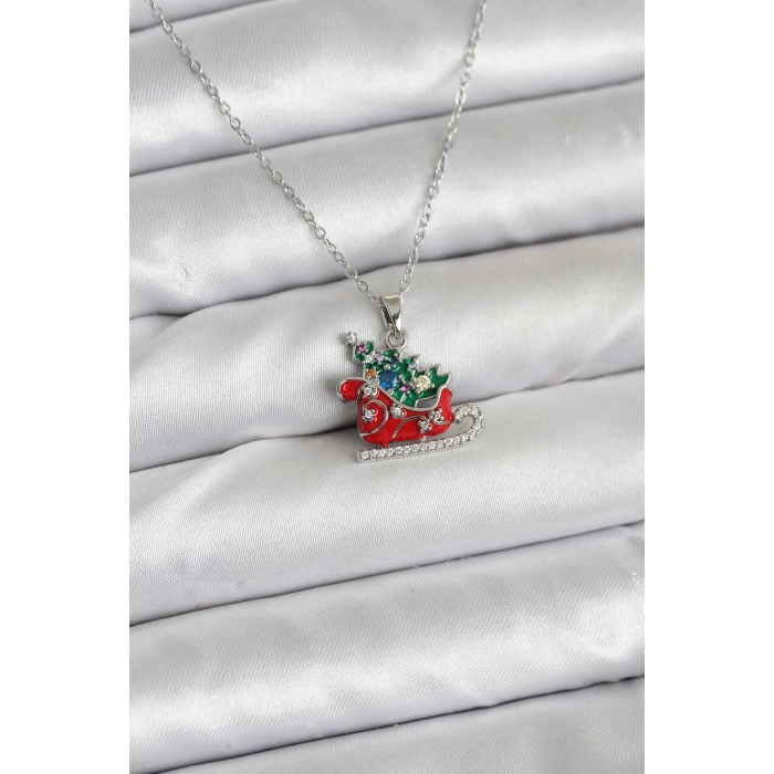 Erb 316L Çelik Zincir Gümüş Renk Kızak Ve Çam Ağacı Figürlü Yılbaşı Temalı Kadın Kolye