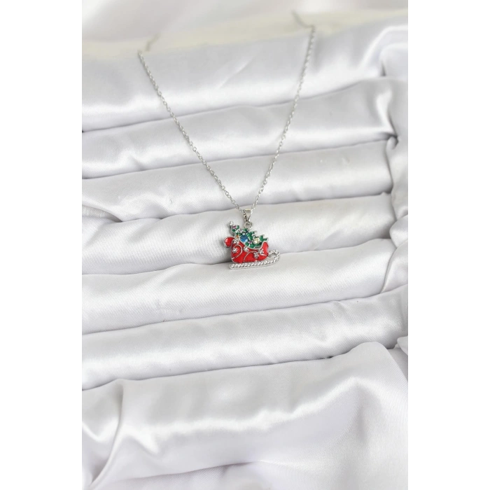 Erb 316L Çelik Zincir Gümüş Renk Kızak Ve Çam Ağacı Figürlü Yılbaşı Temalı Kadın Kolye