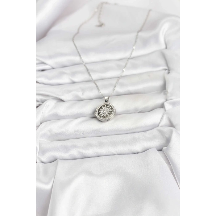 Erb 316L Çelik Zincir Gümüş Renk Kutup Yıldızı Kapaklı Model Kadın Kolye