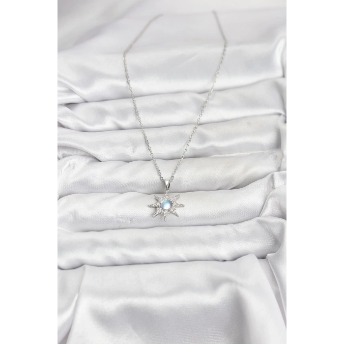 Erb 316L Çelik Zincir Gümüş Renk Kutup Yıldızı Model Zirkon Taşlı Kadın Kolye