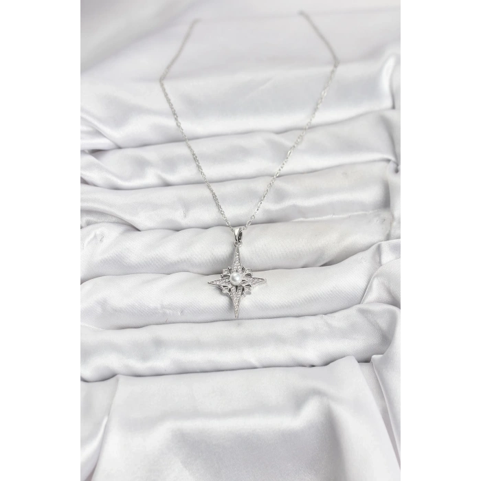 Erb 316L Çelik Zincir Gümüş Renk Kutup Yıldızı Model Zirkon Taşlı Kadın Kolye