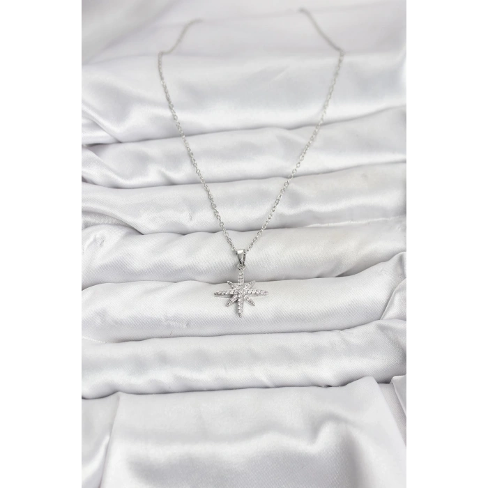 Erb 316L Çelik Zincir Gümüş Renk Kutup Yıldızı Model Zirkon Taşlı Kadın Kolye
