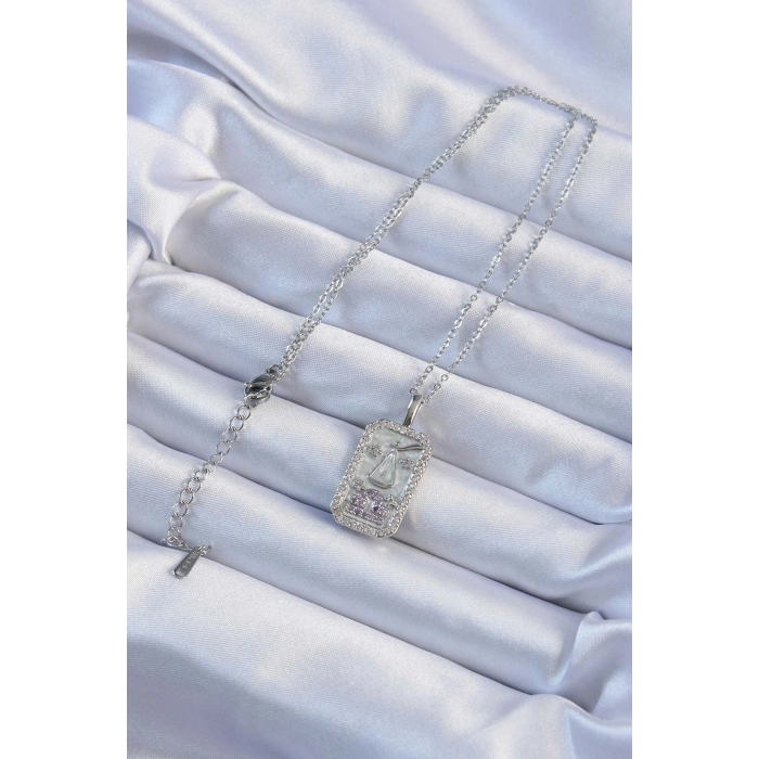 Erb 316L Çelik Zincir Gümüş Renk Lila Zirkon Taşlı Tarot Kolye