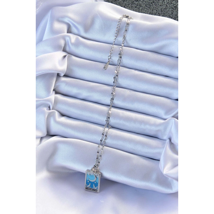 Erb 316L Çelik Zincir Gümüş Renk Mavi Mineli Ay Figür Tarot Kolye