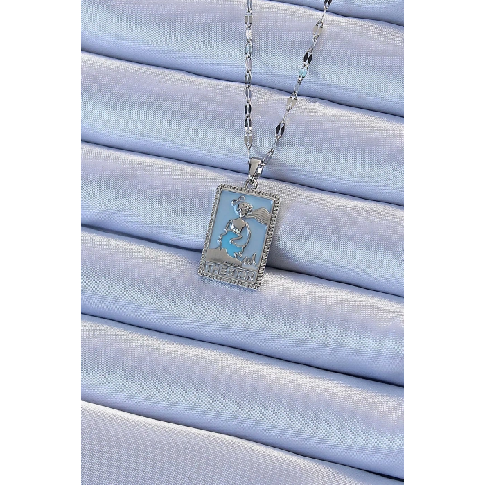 Erb 316L Çelik Zincir Gümüş Renk Mavi Mineli Tarot Kolye