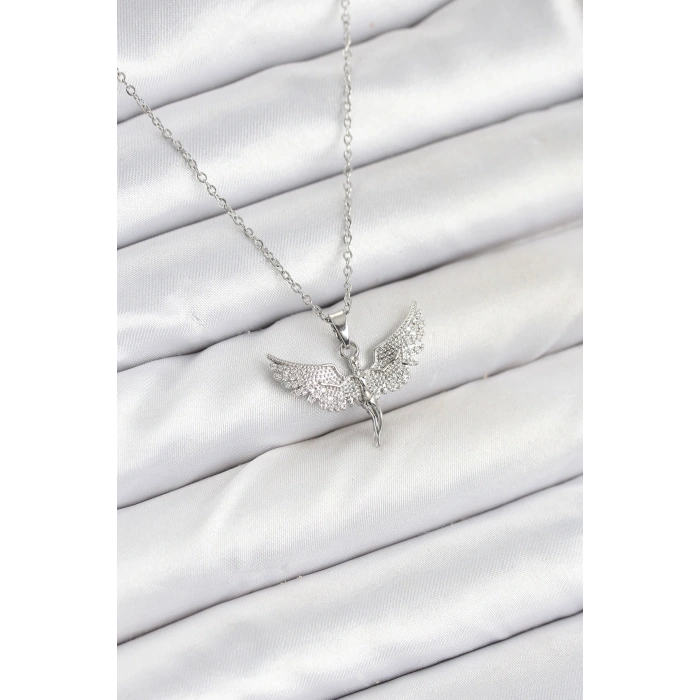 Erb 316L Çelik Zincir Gümüş Renk Melek Model Kadın Kolye