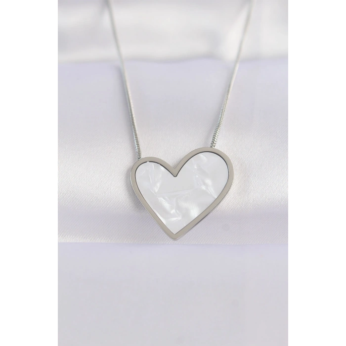 Erb 316L Çelik Zincir Gümüş Renk Mermer Desenli Kalp Kolye