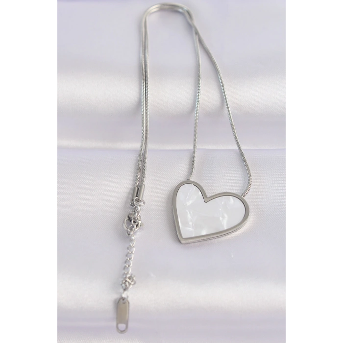 Erb 316L Çelik Zincir Gümüş Renk Mermer Desenli Kalp Kolye