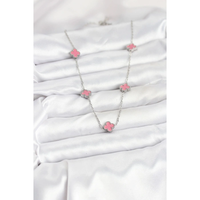 Erb 316L Çelik Zincir Gümüş Renk Pembe Baby Boy Yonca Kadın Kolye